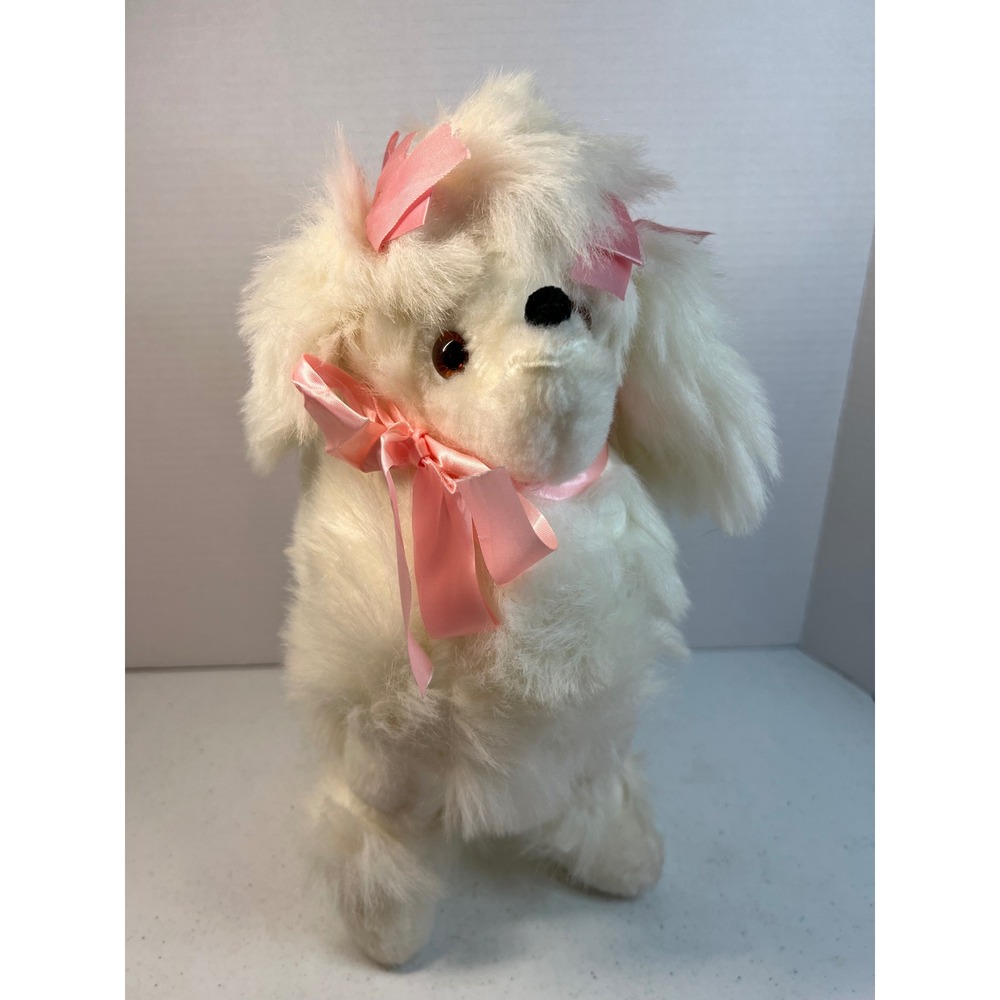 Vintage White Stuffed Poodle Plush Pink Ribbons 80s Retro Dog Toy 14" Carnival